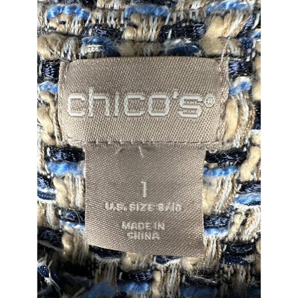 Chicos Tweed Jacket Size 1/US 8/10 Blue Zip Up Mixed Media Classy Preppy Blazer - Picture 3 of 13